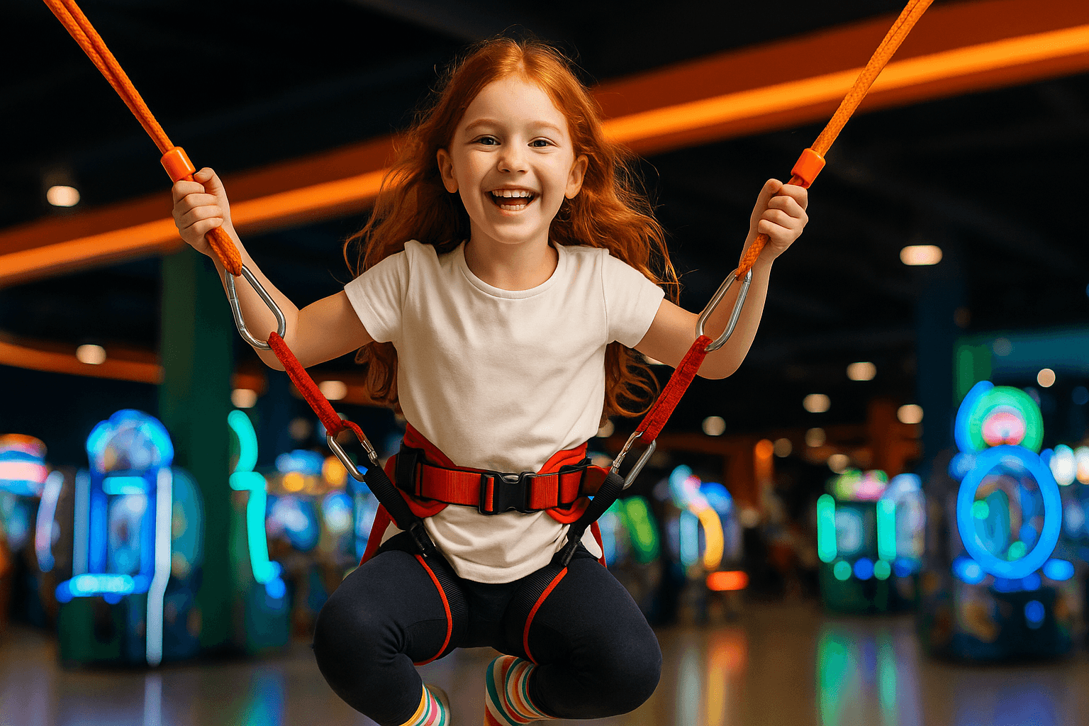 Girl on bungee swing at Urban Air Adventure Park