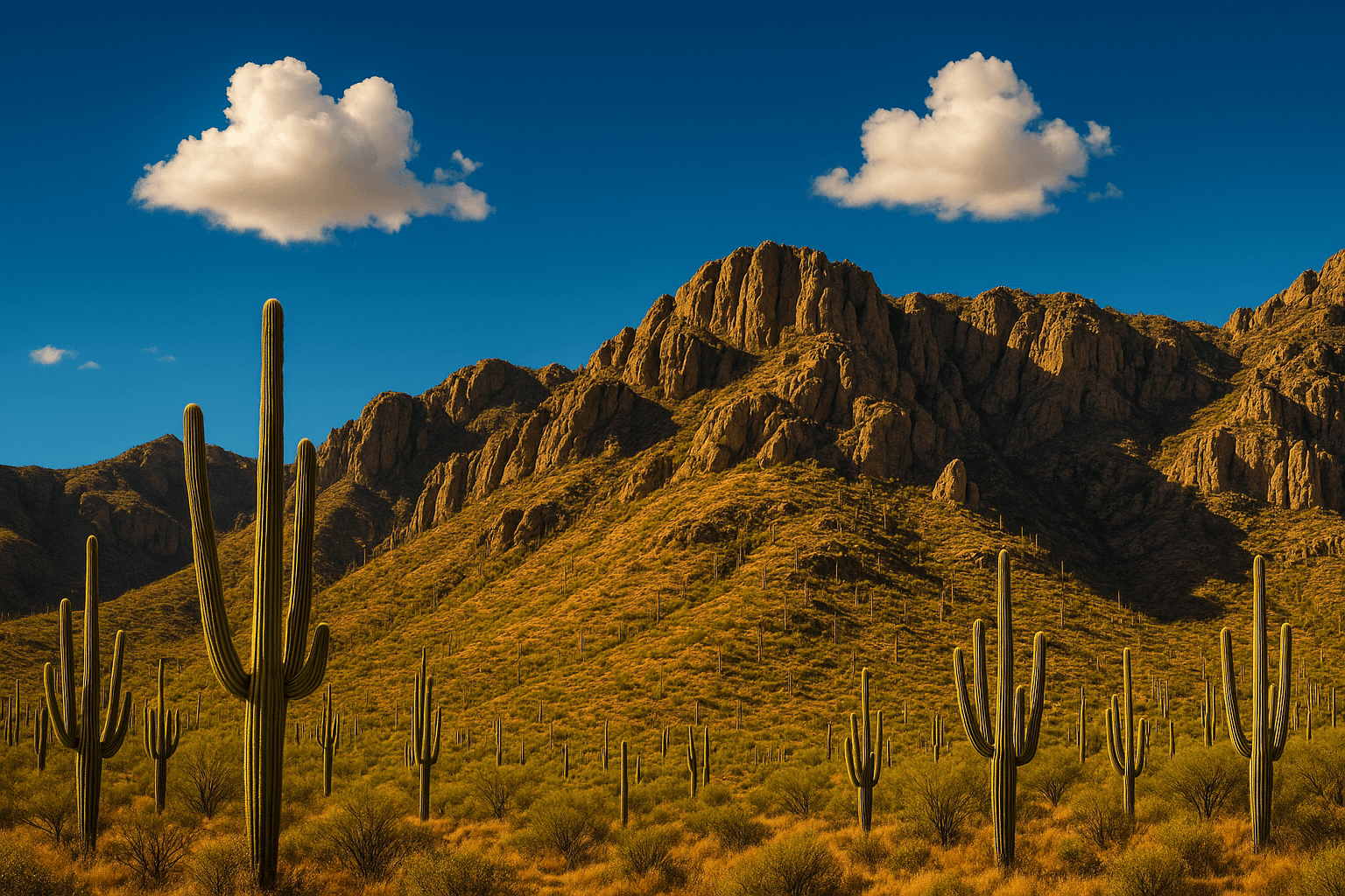 Tucson Arizona summer heat — suburban sprawl with saguaro cacti