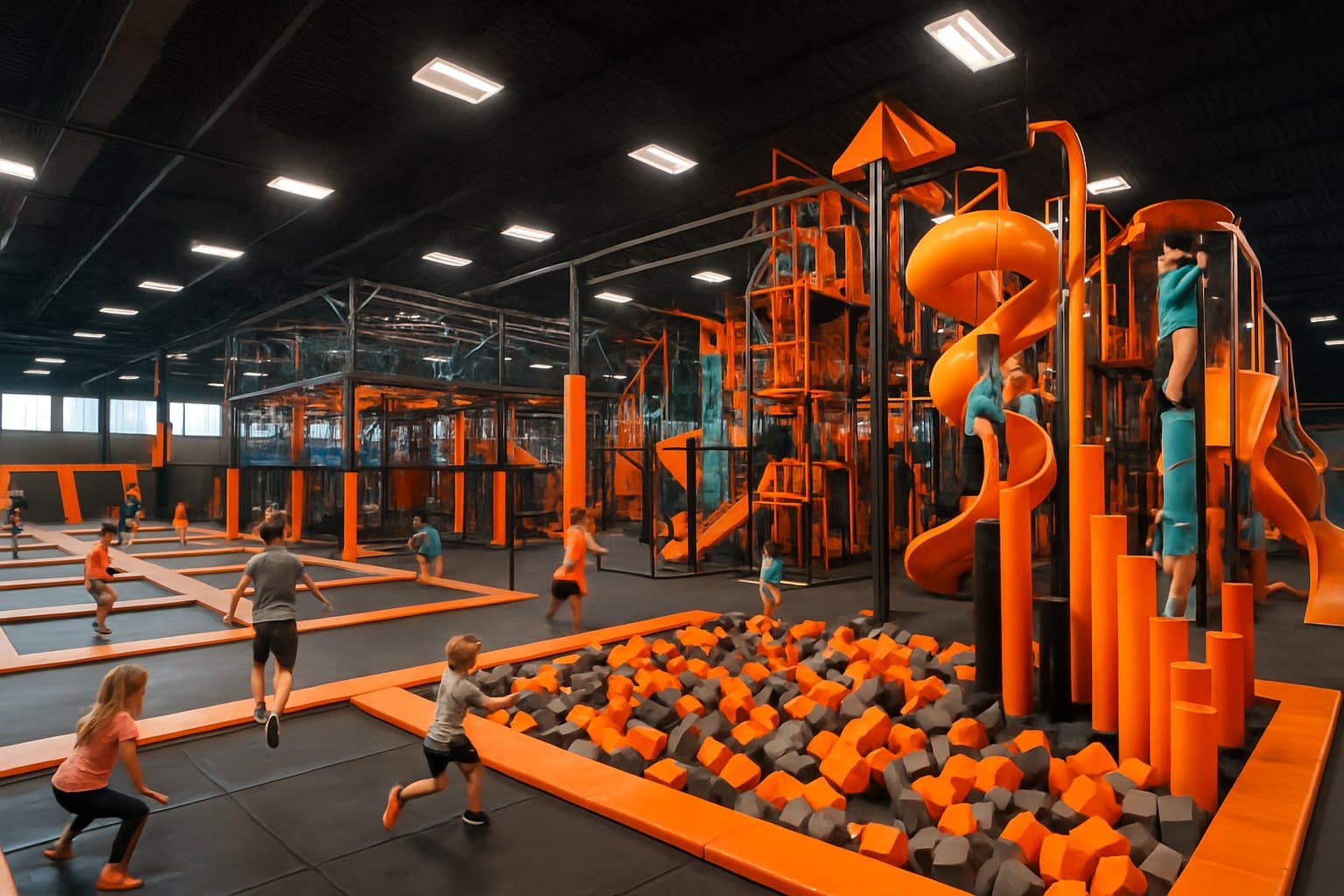 Trampolines, a foam pit and a climbing play structure on the main floor of an indoor adventure park