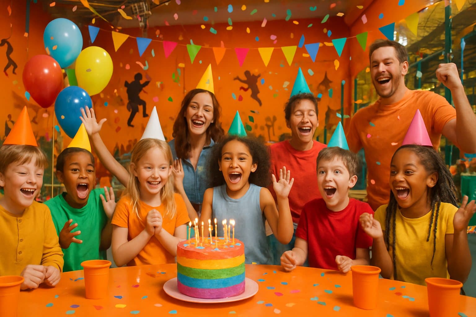 Kids in party hats cheering around a birthday cake at a party table