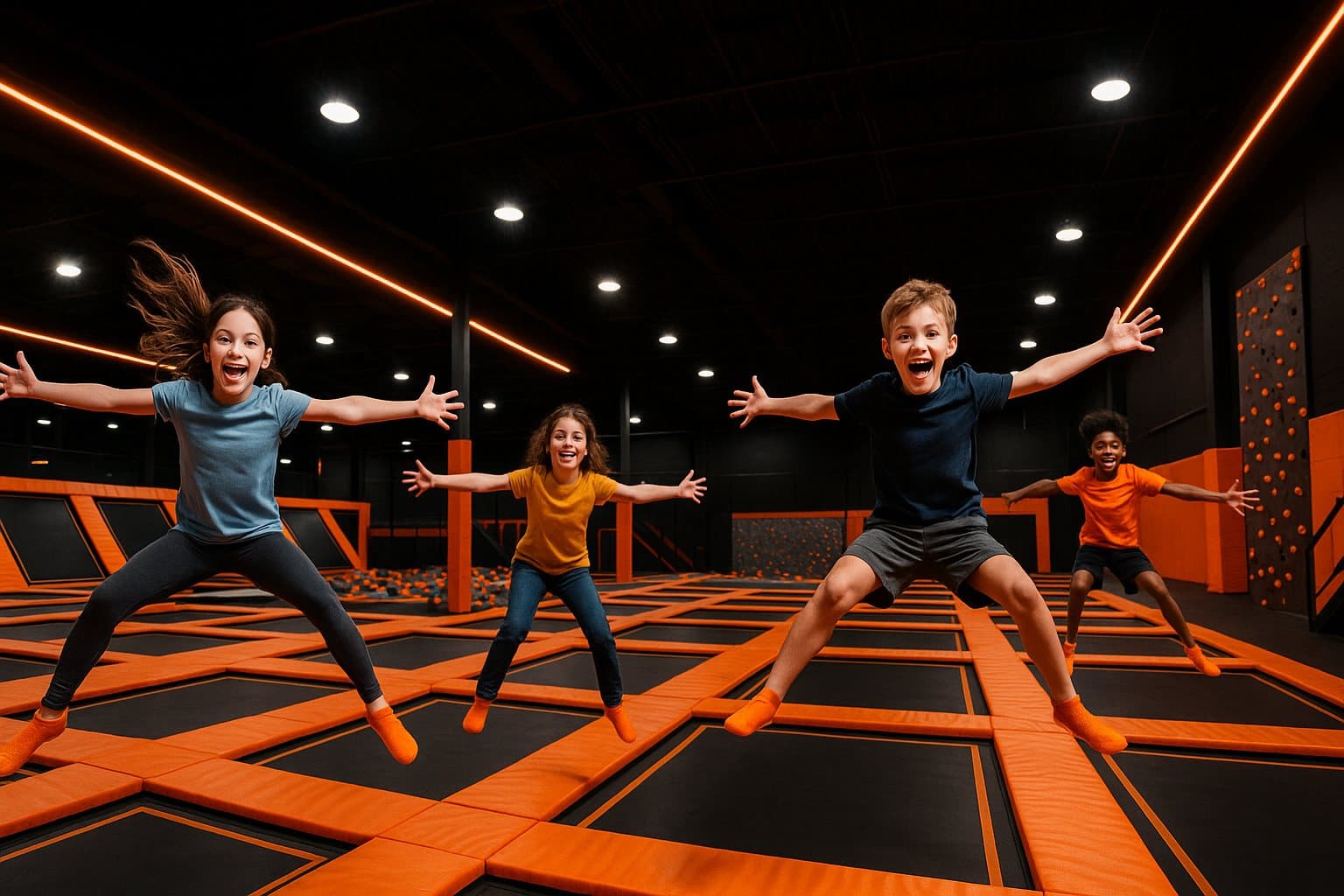 Kids jumping on trampolines in an indoor adventure park