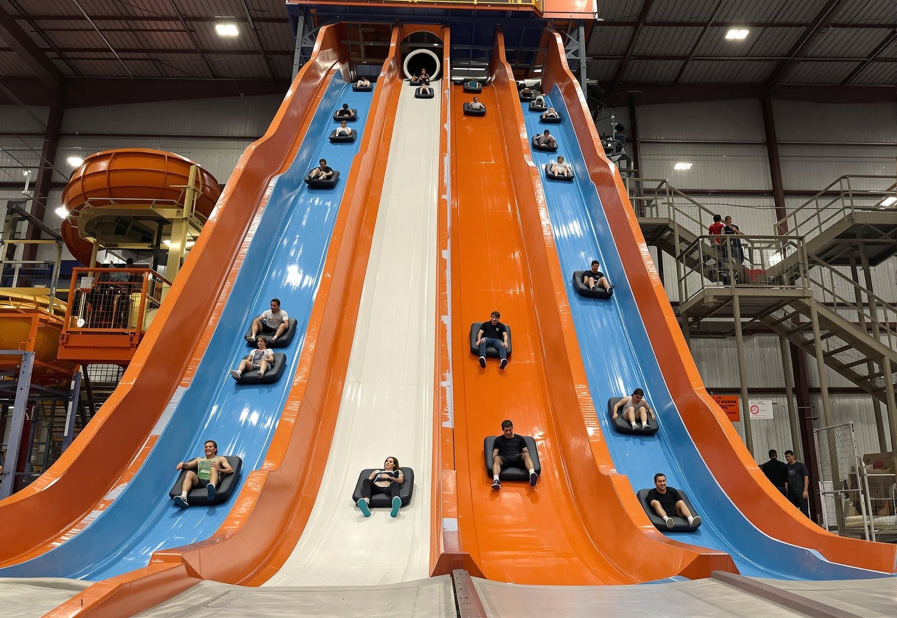 Riders racing down multi-lane indoor slides on mats